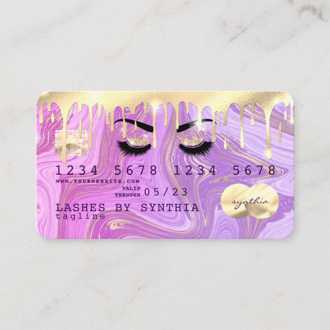Pastel lila rosa guld droppar marmor Kredit Card Visitkort (Framsida)