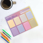Pastel Lila Rosa Gult Gradient Weekly Planner Anteckningsblock<br><div class="desc">Ordna veckan med det här anteckningsblocket för veckoplanering för personlig. Den har två tomma områden överst där veckan och månaden kan anges, och åtta områden överst under veckans sju dagar plus en ställe för dina anteckningar, allt i pastellform färg av lila, rosa och gult. Texten är helt och hållet anpassade....</div>