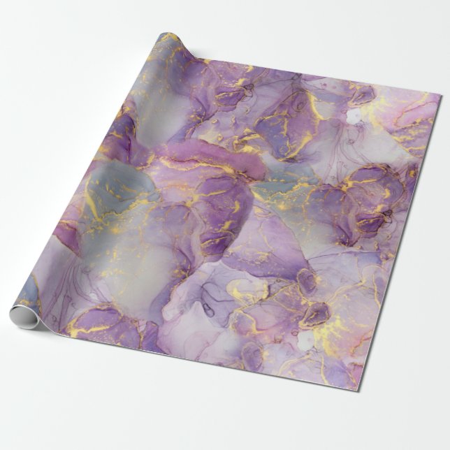 Pastel Lilac, Blue och Guld Glitter Marble Mönster Presentpapper (Utrullad)