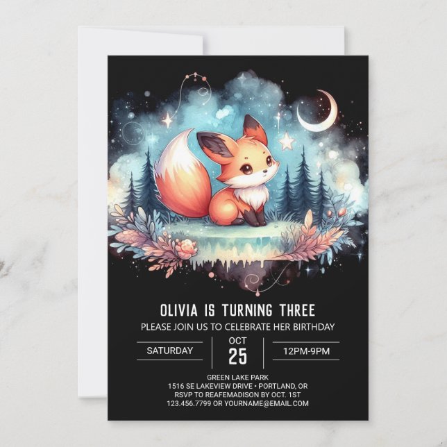 Pastel Little Fox Birthday digital Inbjudningar (Framsida)
