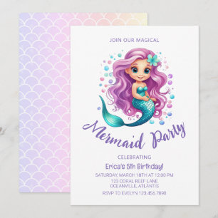 Pastel Little Sjöjungfru Watercolor Girl Birthday Inbjudningar