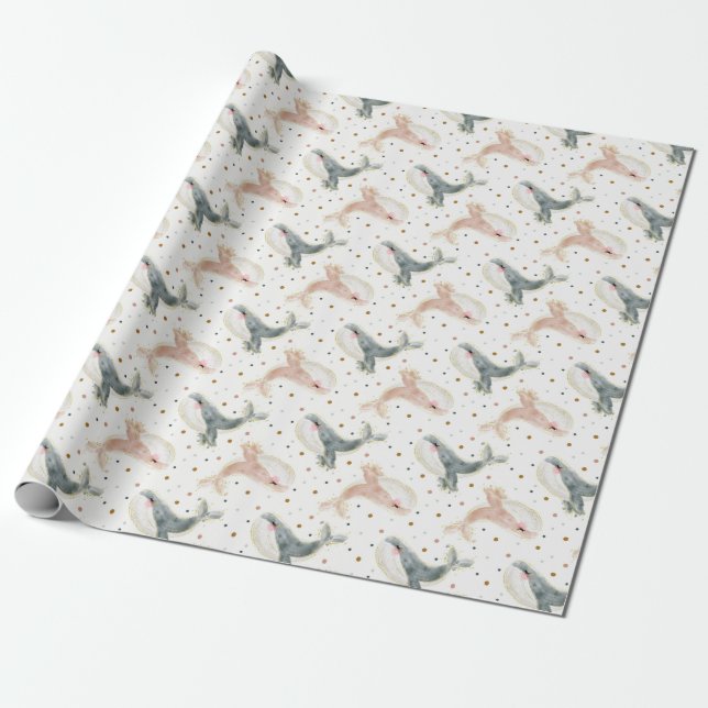 Pastel Little Whale Gender Neutral och Polka dots Presentpapper (Utrullad)