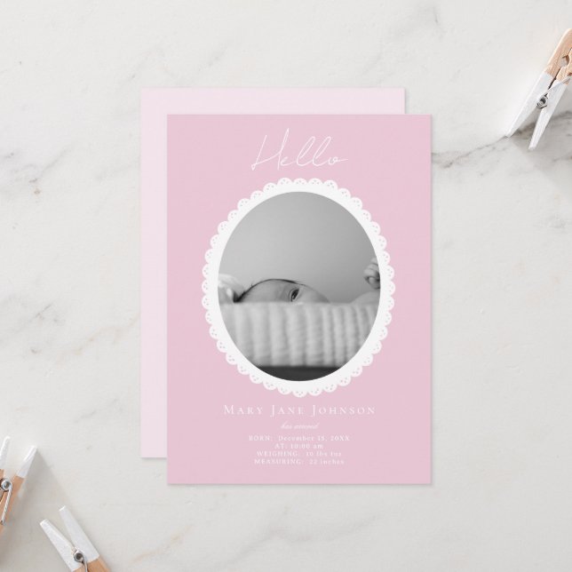 Pastel Ljus rosa Baby Birance Card Kort (Fram/Back In Situ)