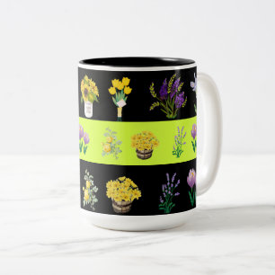 Pastel Ljust grönt och Black Blommönster Coffee Två-Tonad Mugg