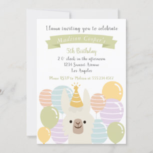 Pastel Llama och Ballonger födelsedagen Inbjudningar