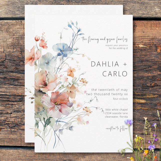 Pastel Loose WildblommModern Bröllop Inbjudningar (Pastel Loose Wildflowers Modern Wedding Invitation)