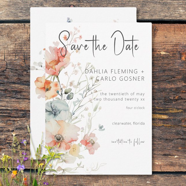 Pastel Loose WildblommModern Bröllop Spara Datumet (Pastel Loose Wildflowers Modern Wedding Save The Date)