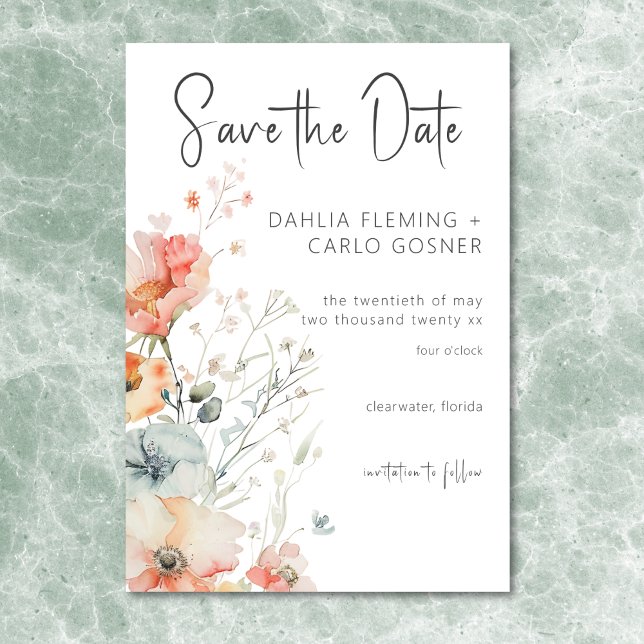 Pastel Loose WildblommModern Bröllop Spara Datumet (Pastel Loose Wildflowers Modern Wedding Save The Date)
