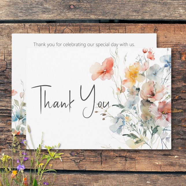 Pastel Loose WildblommModern Bröllop Tack Kort (Pastel Loose Wildflowers Modern Wedding Thank You Card)