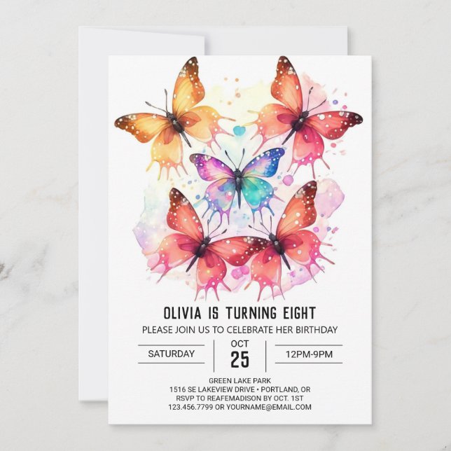 Pastel Lycklig Butterfly Girl Birthday Inbjudningar (Framsida)