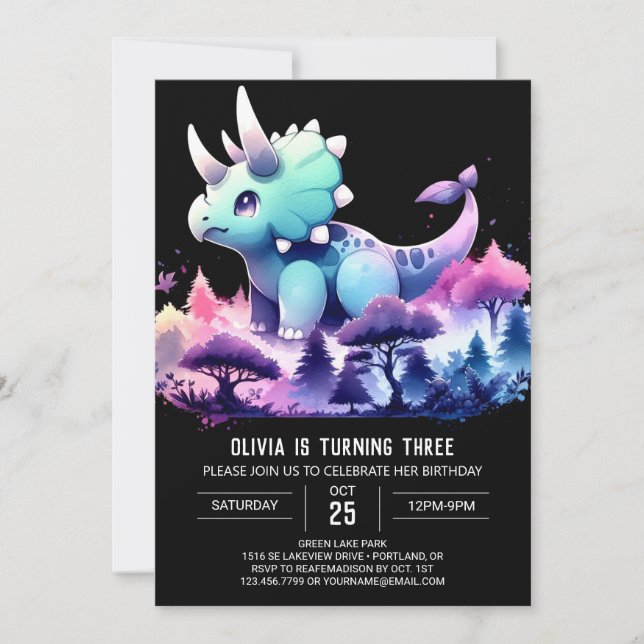 Pastel Lycklig Triceratops Birthday Inbjudningar (Framsida)