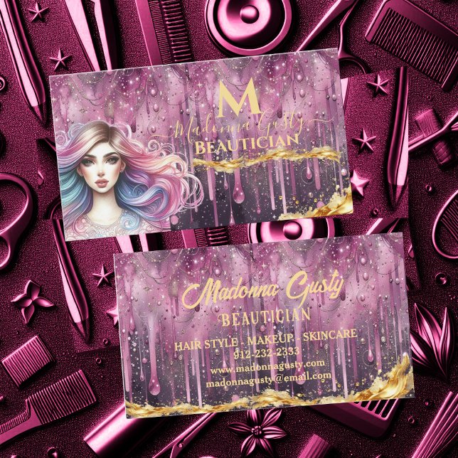 Pastel Magenta Guld Monogram Beautician Visitkort (Dripping Pastel Magenta Gold Monogram Beautician Business Card)