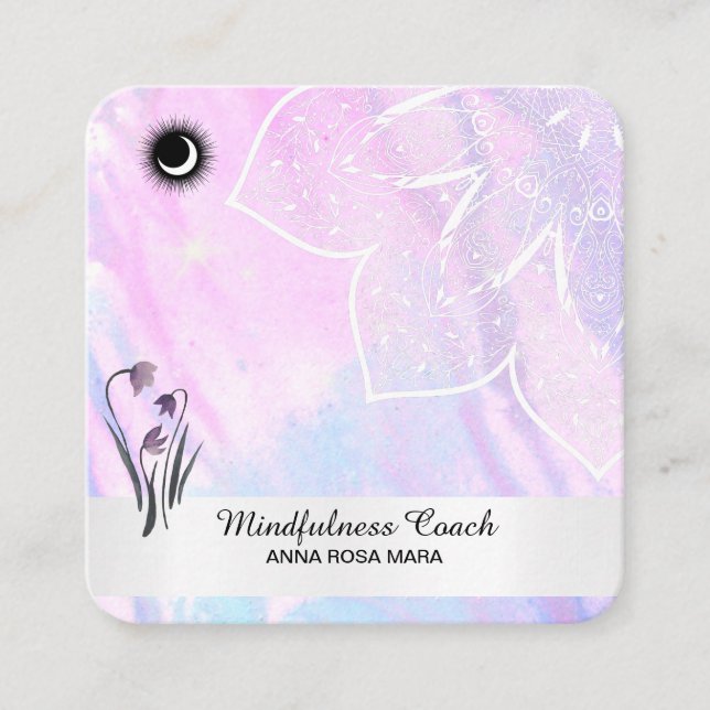 *~* Pastel Måne QR-kod Mandala Foil Flowers Fyrkantigt Visitkort (Framsida)