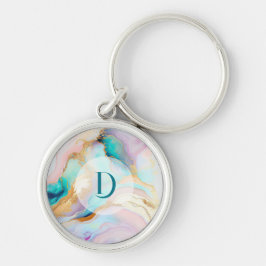 Pastel marble bläck abstrakt glitter art rund silverfärgad nyckelring