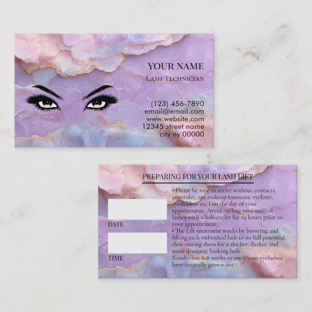 Pastel Marble Lash Before care Appointment Card Tidsbeställning Kort (Fram/baksida)