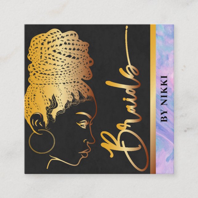Pastel Marble och Guld Modern Hair Braiding Salon Fyrkantigt Visitkort (Framsida)