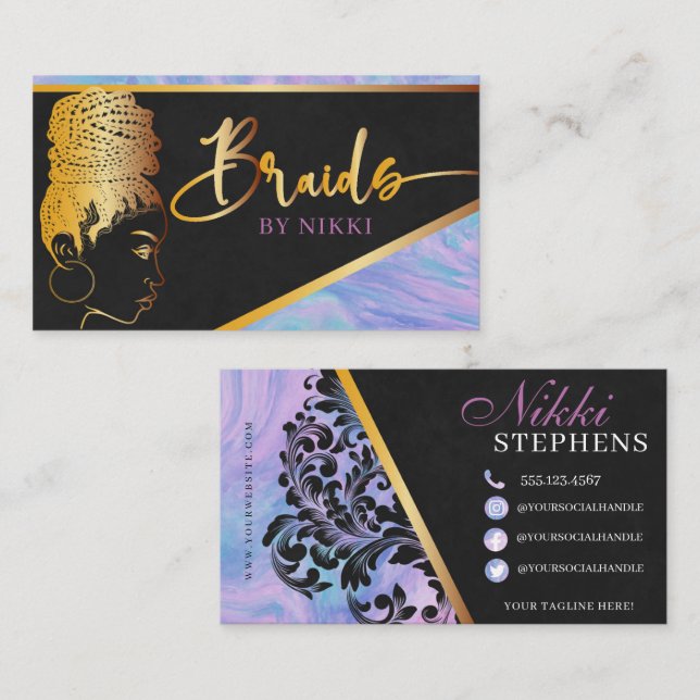 Pastel Marble och Guld Modern Hair Braiding Salon  Visitkort (Fram/baksida)