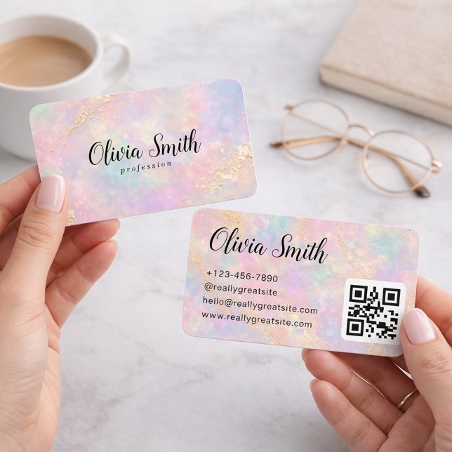 Pastel Marble Script Name and Gold Accents QR Code Visitkort (Skapare uppladdad)