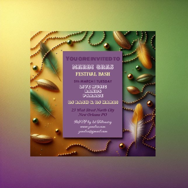 Pastel Mardi Gras Festival Bash Feather Pärlor Gul Inbjudningar (Pastel Mardi Gras Festival Bash Feather Beads Gold Invitation)