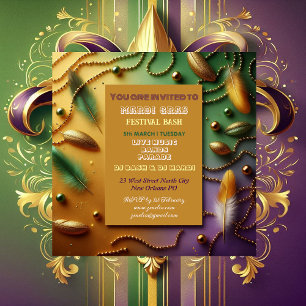 Pastel Mardi Gras Festival Bash Feathers Bead Guld Inbjudningar