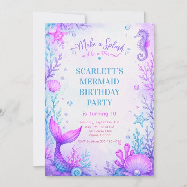 Pastel Mermaid Birthday Invitation Purple Inbjudningar (Framsida)