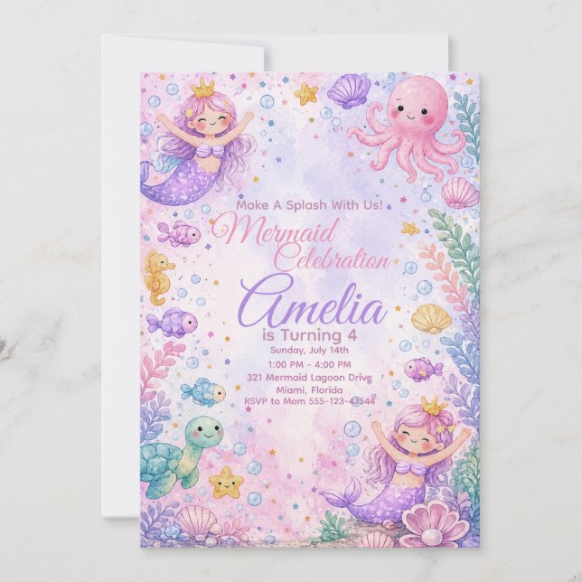 Pastel Mermaid Celebration Invitation Editable Inbjudningar (Framsida)