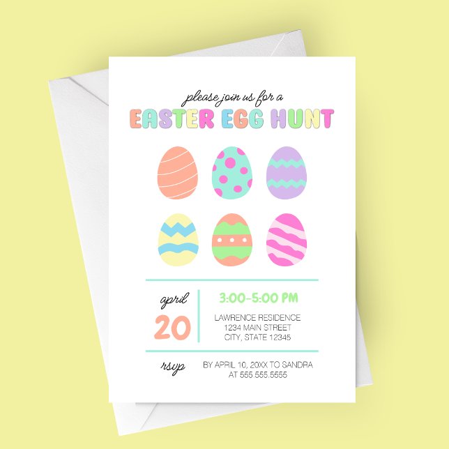 Pastel Minimalist Påskägg Hunt-inbjudan Inbjudningar (Minimalist Modern Easter Egg Brunch and Egg Hunt Party Invitation with six adorable colored eggs)