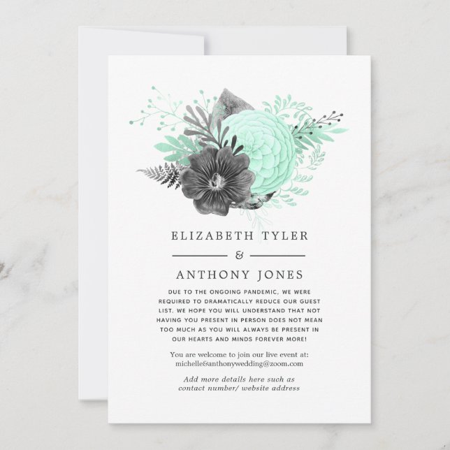 Pastel Mint & Charcol Reduced Bröllop Guest List Meddelande (Framsida)