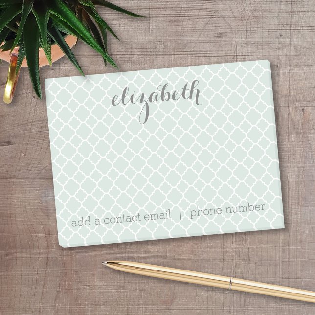 Pastel Mint & Grått Quatrefoil Mönster eget namn Post-it Block (Personalized post it notes with low quantity. Add your personal touch.)
