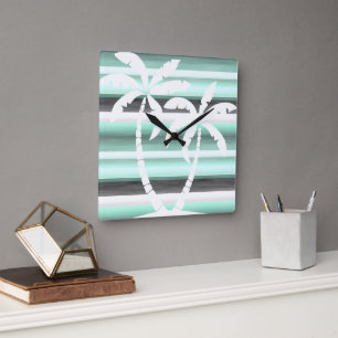 Pastel Mint Grönt Grått Watercolor Rand Mönster Fyrkantig Klocka
