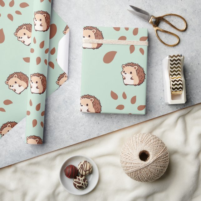Pastel Mint Grönt Seamless Hedgehog Wrapping Pappe Presentpapper (Hantverk)