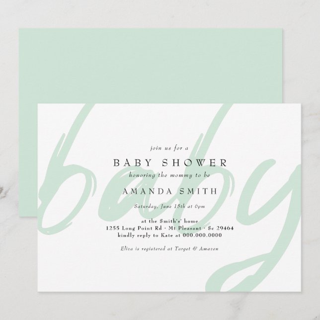 Pastel Mint Minimal Gender Neutral Baby Shower Inbjudningar (Fram/baksida)