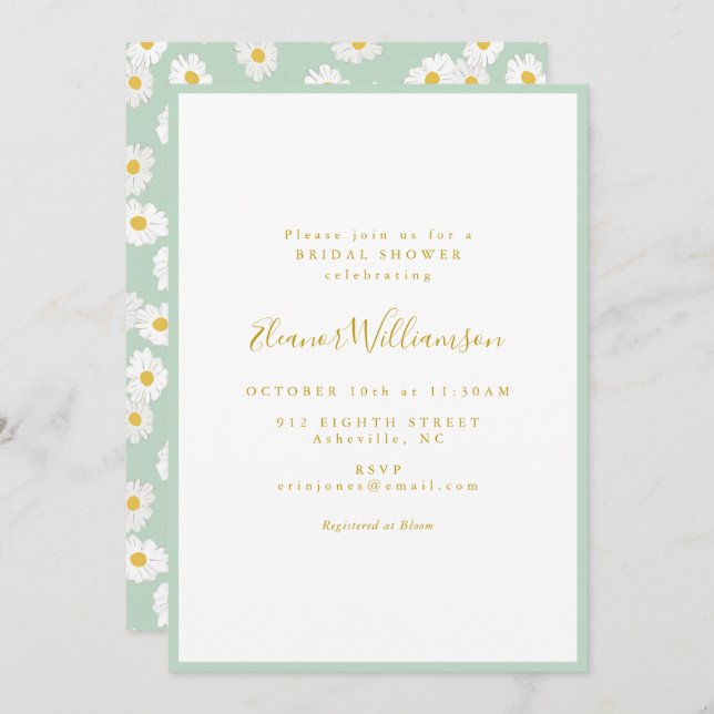 Pastel Mint Sage Retro Daisy Floral Bridal Shower Inbjudningar (Fram/baksida)