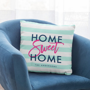 Pastel Mint & White Blue Home Sweet Kudde