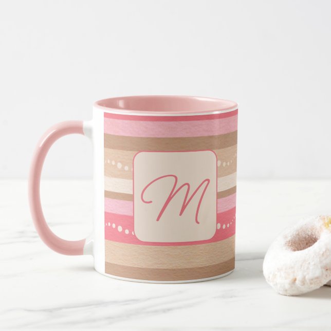 Pastel Monogram och Rand Mönster Mugg (Med munk)