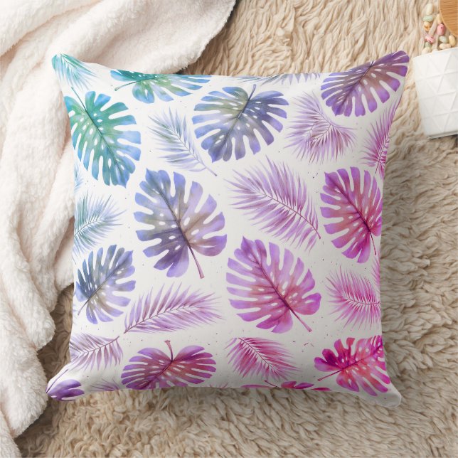 Pastel Monstera and Palm Leaves Watercolor Kudde (Filt)