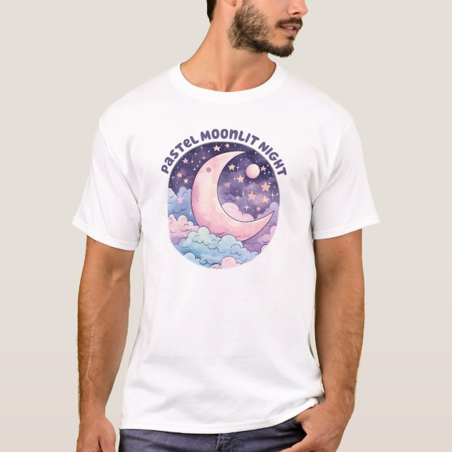 Pastel Moonlit Night - Dreamy Crescent Måne T Shirt (Framsida)