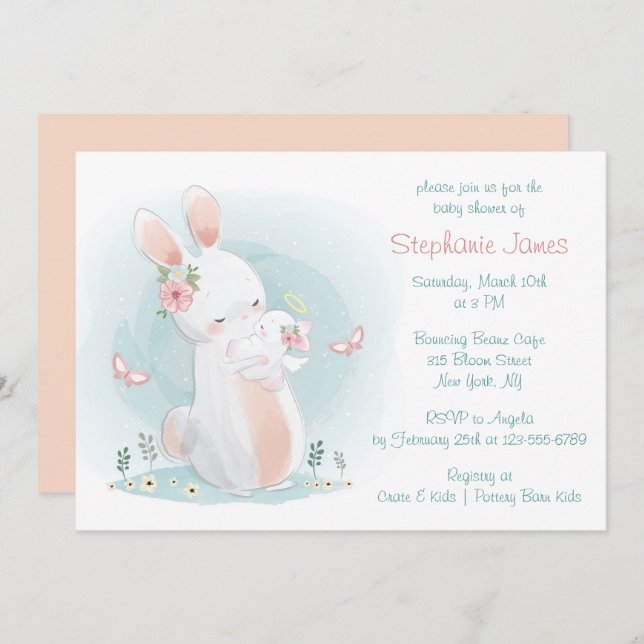 Pastel Mor och Baby Rabbit Baby Shower Inbjudningar (Fram/baksida)