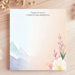 Pastel Mountains Blommigt Scenery Personlig Namn Anteckningsblock<br><div class="desc">Hitta inspiration i naturens skönhet med anteckningsblocket personlig. Utformningen har ett serenlandskap med mjuka pastellberg och ömtåliga blommor i förgrunden. Den lugnande färg och fredliga scenen skapar en stillastående bakgrund för dina anteckningar. Anpassa det här anteckningsblocket med egen text. Perfekt för journalföring,  reflektioner eller vardagliga påminnelser.</div>