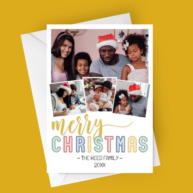 Pastel Multi-Photo-julfotokort Inbjudningar (Pastel Merry Christmas Family Photo Card | 4 Photos)