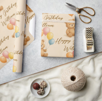 Pastel Nalle Birthday Wrapping Papper | Text Presentpapper