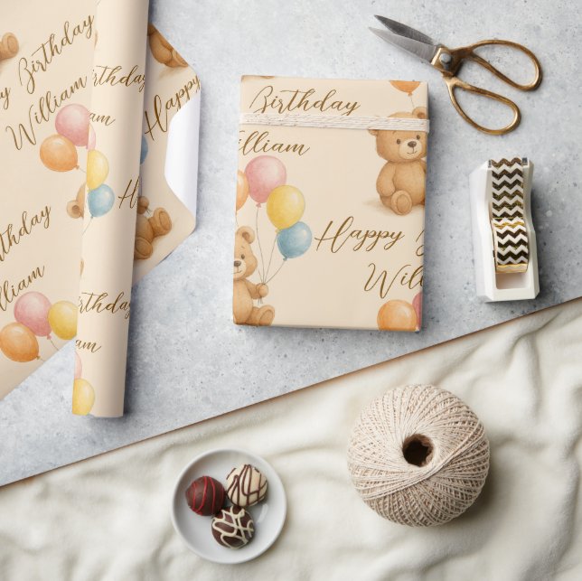 Pastel Nalle Birthday Wrapping Papper | Text Presentpapper (Hantverk)