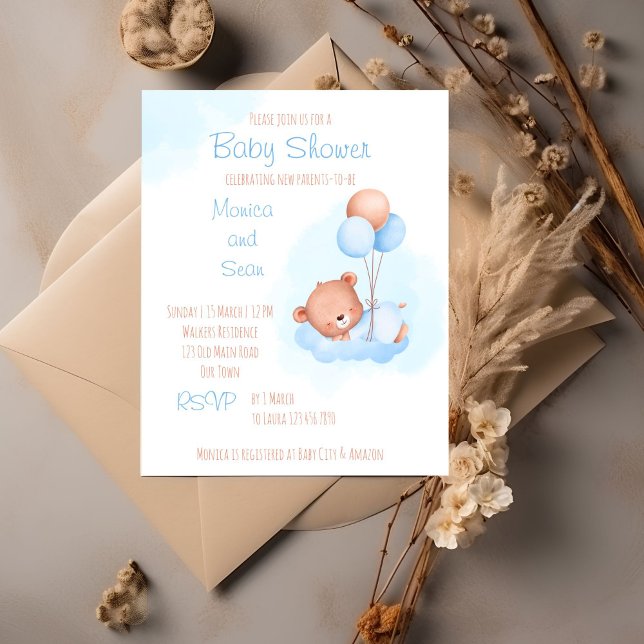 Pastel nalle med ballonger budgetbabydusch (Teddy bear themed bearly wait baby shower editable template invitation cute teddy with balloons boy)