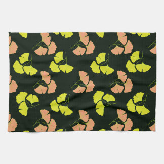 Pastel-Neon Ginko Leaves on Black Background Kökshandduk