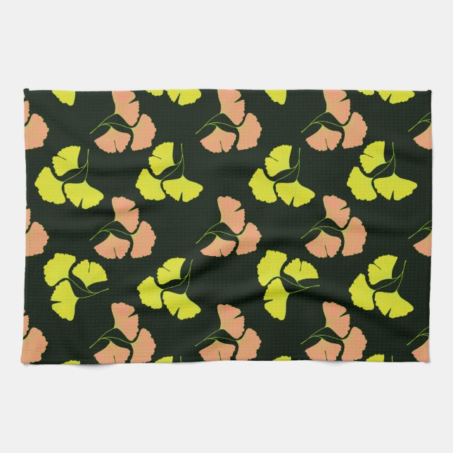 Pastel-Neon Ginko Leaves on Black Background Kökshandduk (Horisontell)