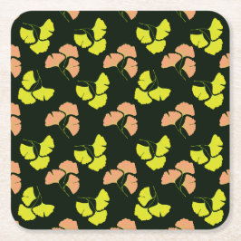 Pastel-Neon Ginko Leaves on Black Background Underlägg Papper Kvadrat