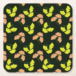 Pastel-Neon Ginko Leaves on Black Background Underlägg Papper Kvadrat