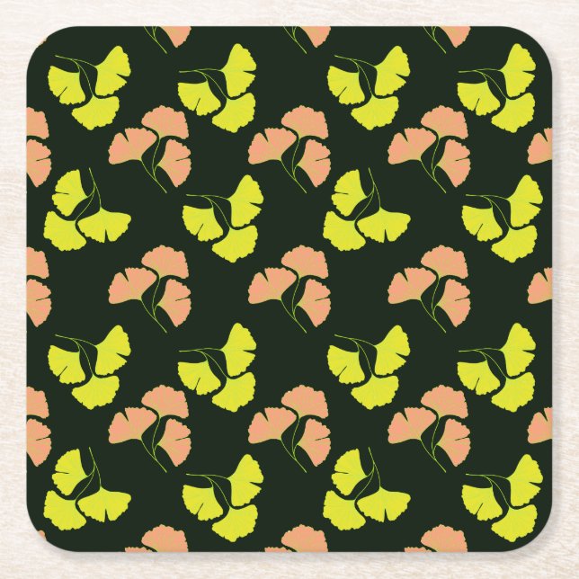 Pastel-Neon Ginko Leaves on Black Background Underlägg Papper Kvadrat (Framsidan)
