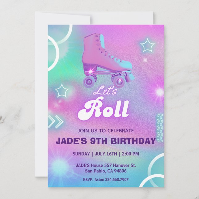 Pastel Neon Roller Skating Födelsedagsfest Inbjudningar (Framsida)