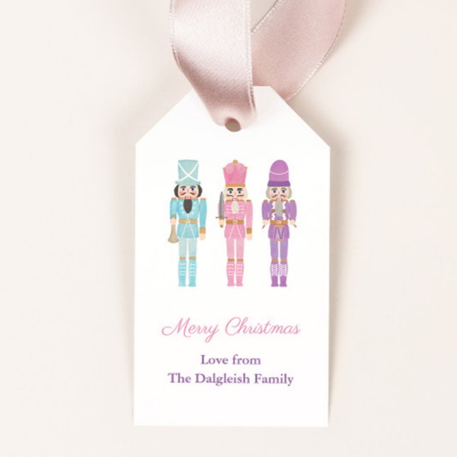 Pastel Nutcracker Ballet Soldiers Glad helg Presentetikett (Watercolor nutcrackers in mint, pink and lilac uniforms merry christmas gift tags)